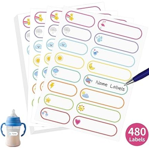 480 Pcs Labels for Kids Stuff Daycare, Waterproof Baby Name Label, Washable Bottle Labels, Reusable Self-Adhesive Tag Stickers for School Essentials, Self-Laminating Write-on (Weather)