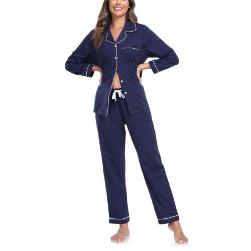 ANLIQI Women's 100% Cotton Long Sleeve Pajama Sets Button Down Notched Collar Sleepwear Soft Lounge Pjs with Pockets (Navy Blue,XL)