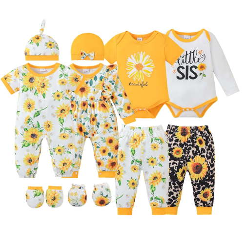KIMI BEAR Newborn Baby Girl Layette Set Shower Gift Sets 4 Packs Romper Pants Sets Long Sleeves Short Sleeves Floral Bodysuit with Hat Gloves 10pcs Yellow Preemie
