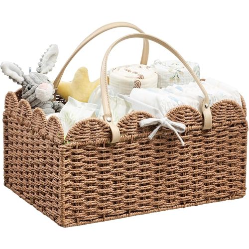 Scalloped Paper Rope Diaper Caddy, Woven Floral Baby Diaper Organizer with Dividers for Changing Table, Nursery & Car Portable Baby Gift Basket