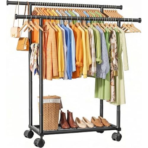 Sakugi Double Rods Clothes Rack - Metal Clothing Rack with Fixed Double Rods, Rolling Wheels & Built-In Shelf for Closet, Bedroom, Laundry Storage (39" x 17" x 60", Gold)