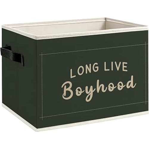 Boy Nursery Foldable Storage Bins Box with Handles, Long Live Boyhood Dark Green Minimalist Decorative Storage Boxes Baskets Toybox Organizer for Kids Boys Nursery Room Bedroom Playroom