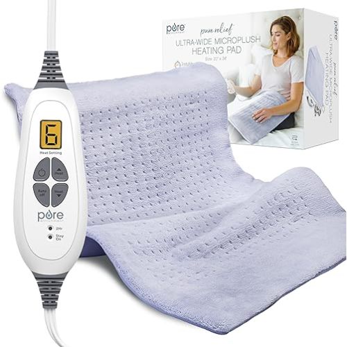 Pure Enrichment PureRelief Ultra-Wide Microplush Heating Pad - 20” x 24” XXL Size & 6 Heat Settings for Temporary Neck, Shoulder & Back Pain Relief - Moist Heat Option & Machine Washable (Periwinkle)