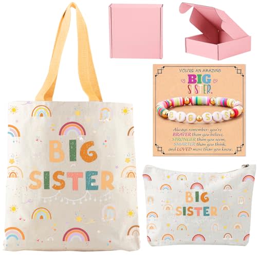 3PCS Big Sister Gifts for Girls, Big Sister Tote Bag, Pen Bag, Bracelet for Announcement Gift Set Sibling Keepsake