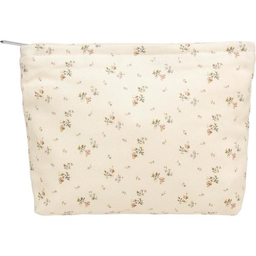 PAZIMIIK Makeup Bag Large Cotton Zipper Pouch for Purse Travel Canvas Make Up Organizer for Women Cosmetic,Little Flower Beige