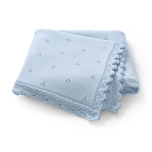 LAWKUL Organic Cotton Baby Blanket for Boys Girls, 30x40 Inch (Light Blue) | Soft Knitted Crochet, Newborn Neutral, Crib Receiving, Nursery Swaddle, Lightweight Breathable