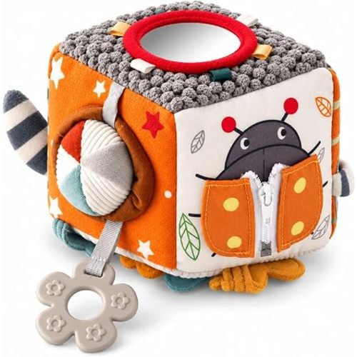 Baby Activity Cube Toy 8-in-1 for Babies 6-12 Months | Montessori Sensory Cube with Mirror, Teether, Crinkle Textures & Fine Motor Activities | Soft Busy Cube Toy for Toddler