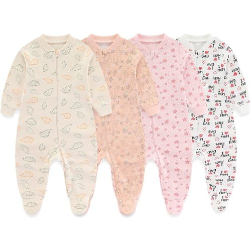 Newborn Baby One-Piece Footies Romper 2-Way Zip Cotton Bodysuit Long-Sleeve Jumsuit 4-Pack, 0-12 Months