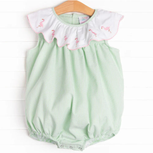 Flamingo Flock Embroidered Bubble, Green Seersucker – Stitchy Fish
