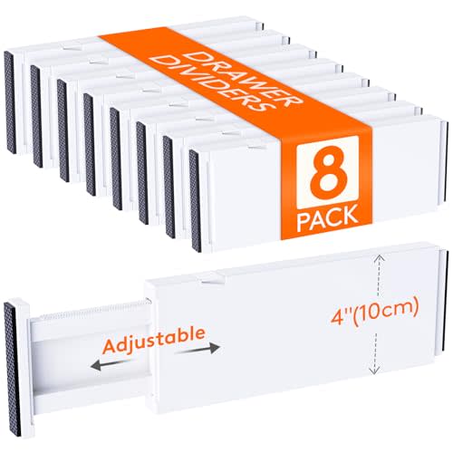 Lifewit 8 Pack Drawer Dividers 4" High, 11-17" Adjustable Dresser Drawer Organizers for Clothes, Expandable Drawer Separators in Kitchen/Bedroom/Bathroom/Vanity/Office Organization and Storage, White