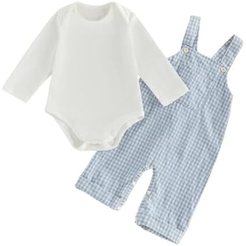 Newborn Infant Baby Boy Clothes Long Sleeve Romper Top Gingham Plaid Overall Pants Hat 3Pcs Fall Winter Outfits Set