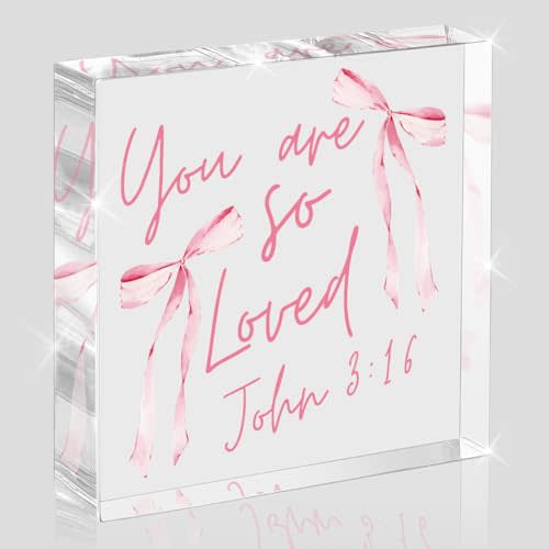 Pink Bow Room Decor, Valentines Day Decor, Inspirational Bible Verse Quotes, Valentines Christian Gifts for Women, Coquette Aesthetic Bow Dorm Decoration, Acrylic Office Desk Accessories Decoration