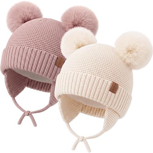 Konssy 2 Pack Baby Beanie Hat with Ear Flaps, Newborn Winter Hat 0-6 Months