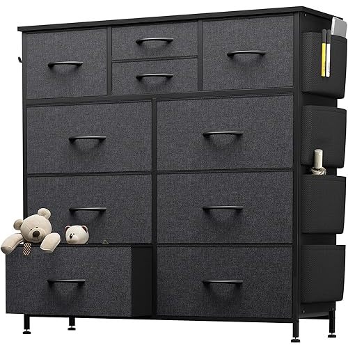 10 Drawer Dresser, Chest of Drawers for Bedroom, Fabric Dresser Drawers with Side Pockets, Hooks, Wooden Top and Sturdy Metal Frame for Living Room, Closet, Hallway, Nursery (Grey)