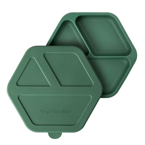 Tiny Twinkle Silicone Suction Divided Plate with Lid Baby/Toddler Dish for Independent Eating (Olive, with Lid)