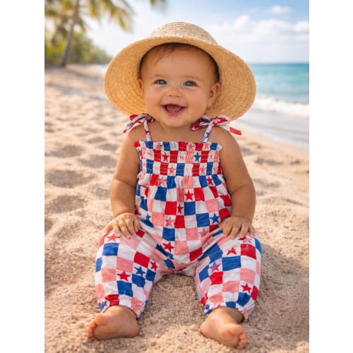 Red, White, Blue & Pink Checkerboard / Organic Smocked Jumpsuit – SpearmintLOVE
