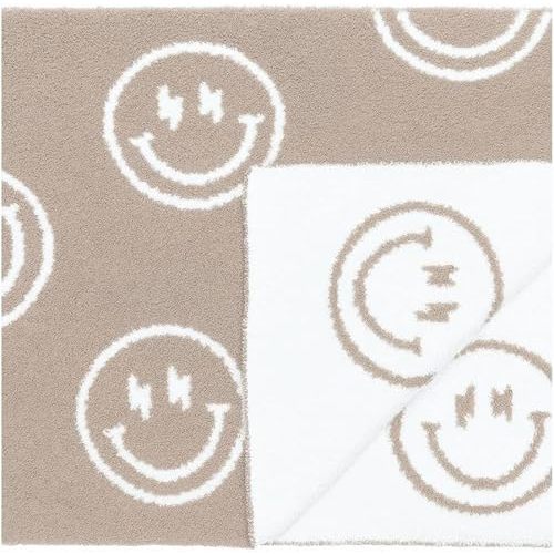 Smiley Face with Lightning Bolt Eyes Baby Blanket 28"x40" - DreamSoft Throw for Crib, Stroller or Car Seat -Receiving Blanket/Newborn Nursery Gift for Toddler, Infant, Kids, Boys & Girls (Tan/White)
