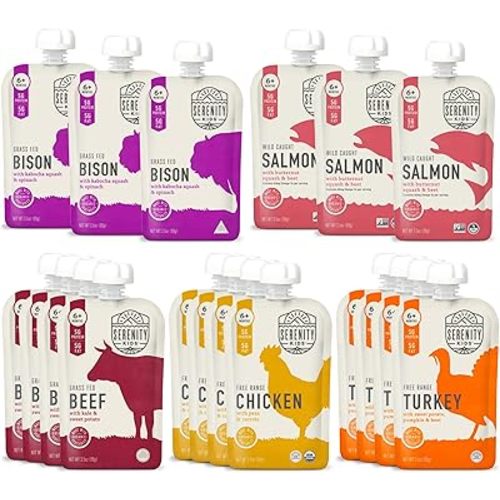 Serenity Kids 6+ Months Ethically Sourced Meat Baby Food Puree Pouches Variety Pack - 18 count (3.5 oz pouches) - No Added Sugar or Sugary Fruits - BPA & Allergen Free Natural Ingredients