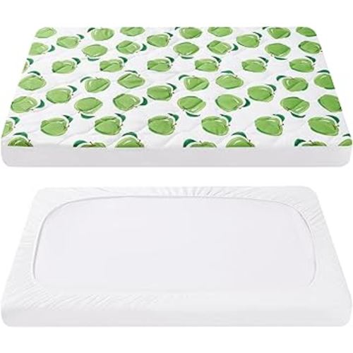 TILLYOU Pack and Play Sheet - Soft Quilted Crib Cover Pad, Toddlers Mattress Protector with 1''-3'' Deep Pocket, Thick Play Yard Playpen Sheets, Crib Mattress Pad, 39"x27", Green Apple