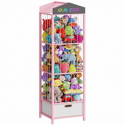 HOOBRO Stuffed Animal Storage, Bamboo Stuffed Animal Organizer with Fabric Drawer and DIY Chalkboard, Space Save Toy Organizer for Playroom, Living Room, Nursery, Pink PK66CW01