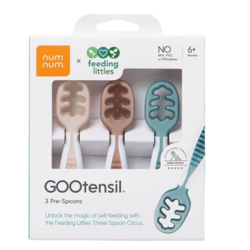NumNum Baby Spoons Set, Feeding Littles x Silicone Pre-Spoon GOOtensils for Baby Led Weaning, Self-Feeding & Teething, First Stage Toddler Utensils for Ages 6+ Months, 3-Pack, BPA-Free (Neutrals)