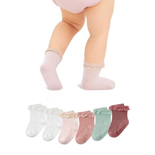 Zando Toddler Girls Non-Slip Ruffle Socks with Grippers Soft Cotton Seamless Ankle Socks for Baby Girls 0-5T