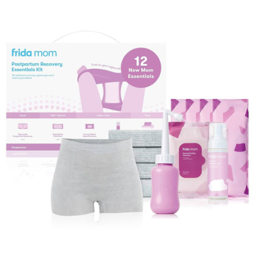 Frida Mom 11pc Postpartum Essentials Kit Gift Set, Hospital Bag Must Haves for New Mom, Includes 4 Disposable Postpartum Underwear, 4 Ice Maxi Pads, Perineal Healing Foam & 24 Pad Liners & Peri Bottle