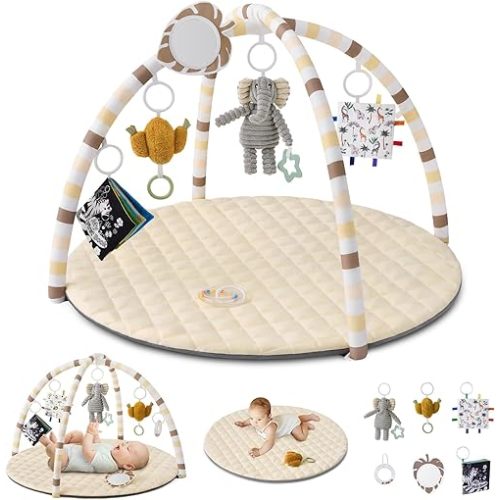 Blissful Diary Baby Play Gym Mat, Tummy Time Activity Mat with 6 Detachable Toys for Stage-Based Sensory & Motor Skill Development, Easy to Install & Clean, Baby Essentials Gift, Sandy Beige