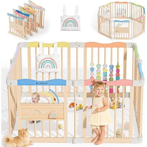 Foldable Wooden Playpen - Adjustable Wood Baby Play Yard, Indoor Large Safety Fence for Babies and Toddlers - Easy Assembly, 45 x 45 x 24 inches, Colorful Dream