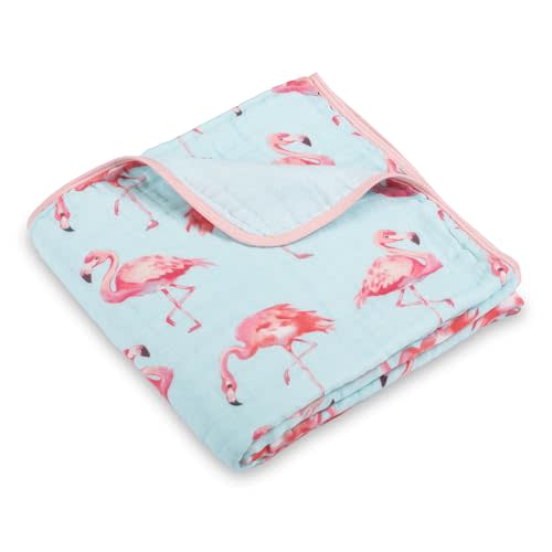 LollyBanks Muslin Baby Blanket, 100% Cotton Muslin Quilt for Girls, 47 x 47 Inches Toddler Blankets, Cozy 6-Layer Newborn Blanket, Soft and Breathable Baby Quilt, Newborn Essentials (Flamingo Print)