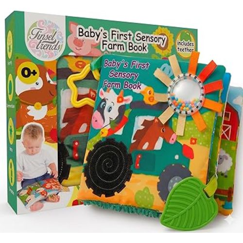 Tinsel Trends Baby Books Farm Animal Soft Cloth Busy Book Gifts for Babies Montessori See Touch Feel Crinkle Stroller Travel Toys for Boy Girl 0-6 6-12 12-18 Months 1 Year Old Toddler