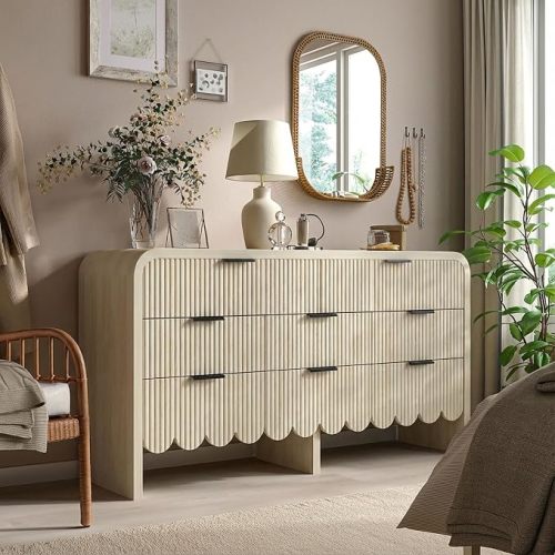 Fluted 8-Drawers Dresser for Bedroom, 59” Farmhouse Large Wooden Dresser with Curved Edge,Baby Dresser for Kids Storage for Clothes