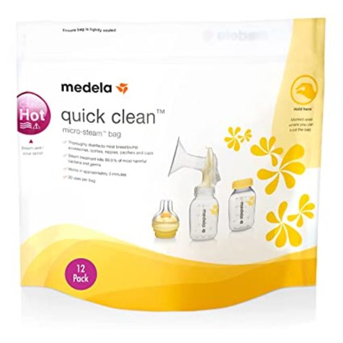 Medela Quick Clean MicroSteam Bags, Sterilizing Bags for Bottles Breast Pump Parts Eliminates 99.9 of Common Bacteria Germs Disinfects Most Breastpump Accessories, Yellow, 12 Pack - 12 Count (Pack of 1)