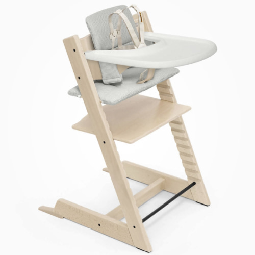 Tripp Trapp® High Chair² in  Natural, with Beige Harness, Glacier Green Cushion + White Tray