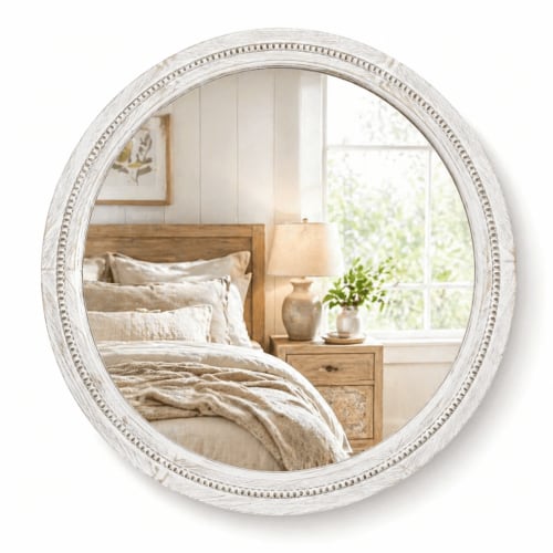 YAURA 30" White Round Wood Mirror, Hand-Distressed French Country Beaded Circle Wall Mirror for Bathroom Vanity, Coastal Bedroom & Nursery Decor, Shatter-Proof Glass