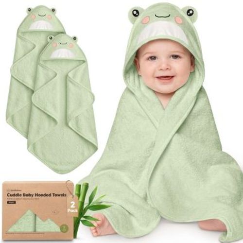 KeaBabies Cuddle Baby Hooded Towel, 2-Pack Baby Bath Towel for Newborn, Large Hooded Baby Towels with Hood, Soft Absorbent (Frog, Regular)