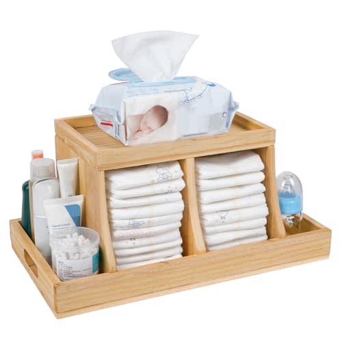 Diaper Caddy Organizer, Changing Table Organizer, Wooden Diaper Organizer for Nursery, Baby Diaper Storage Organizer with Removable Dividers (Brown, Rectangular Size)