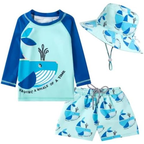 Toddlers Baby Boys' 3-Piece Rashguard Set Kids Bathing Suit Set with Hat UPF 50+