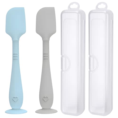 2 Pack Diaper Cream Spatula with Hygienic Travel Case, Butt Spatula Baby with Suction Base, Baby Butt Paste Spatula, Soft Silicone Diaper Rash Cream Applicator Large Size (Blue & Gray)
