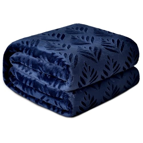 Exclusivo Mezcla Queen Size Fleece Blanket for Bed, Super Soft and Cozy Blankets All Season Use, Leaves Pattern, Plush Fuzzy Lightweight, Navy Blue, 90x90 Inch
