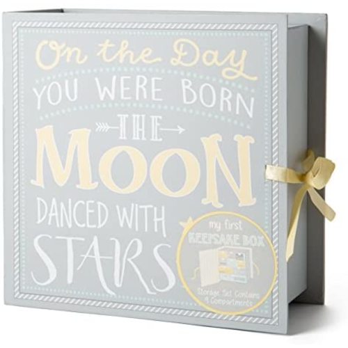 Baby Milestone Keepsake Storage Box by Votum: Track Treasured Memories, 9 Sections – 9 x 3.5 x 9 – Moon & Stars