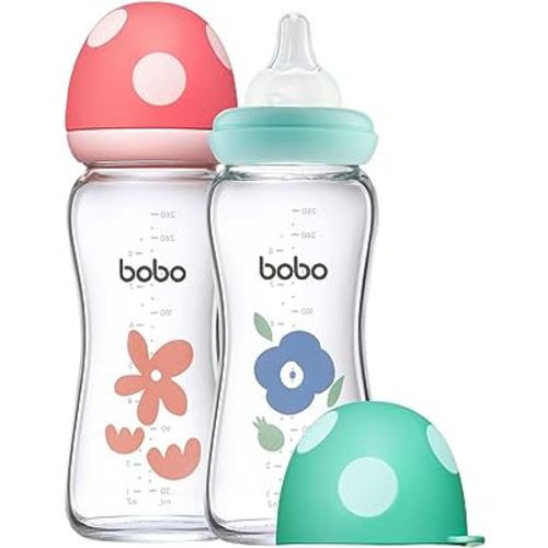 YOHKOH Natural Glass Baby Bottle with Level 2 Medium Flow Nipple, Newborn Anti-Colic Baby Bottles, Wide Neck Mushroom Baby Glass Bottle (8.8oz (Pack of 2), Multicolour)