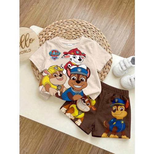 SHEIN | PAW Patrol Baby Boy Casual Simple, Soft And Comfortable, Cartoon Puppy Print, Round Neck Short Sleeve T-Shirt And Shorts 2pcs Set, Suitable For Spring And Summer
