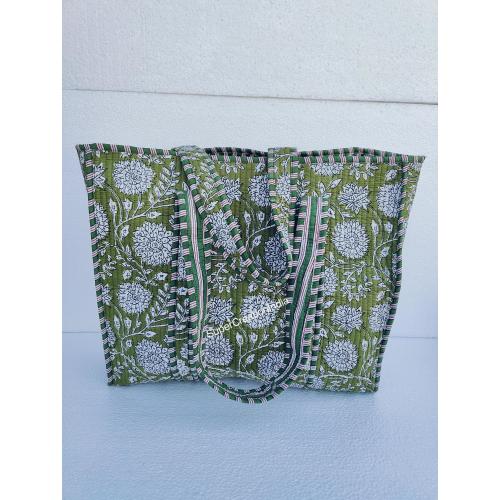 Handmade Cotton Tote Bag: Olive Green Block Print, Quilted Shopping Bag