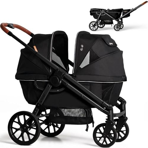 Tandem Wagon Stroller for 2 Kids, All-Terrain with Removable UV-Protection Canopy, Adjustable Push/Pull Handle, Snack Tray & Cup Holders, Perfect for Baby and Toddler (Black)