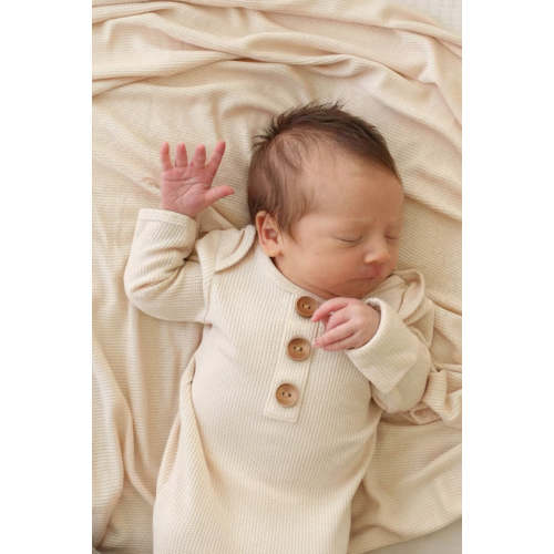 Oatmeal Bamboo Waffle Newborn Baby Knot Gown & Hat Set
