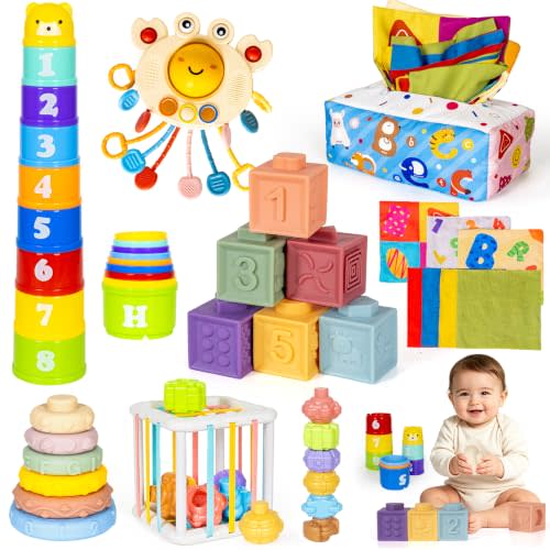 6 in 1 Montessori Toy for Babies Sensory Set for Infant Early Learning Gift | Shape Sorter Sensory Bin Soft Stacking Block Stacking Ring Pull String Tissue Box Toy for Toddlers 18M+ 2 3 Year Old Boy Girl