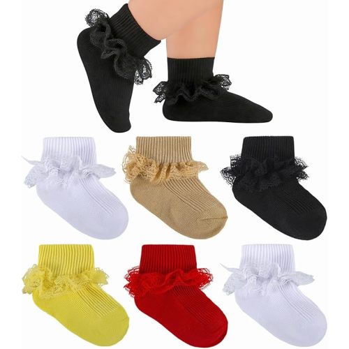 Baby Girl Ruffle Socks Double Lace Turn Cuff Cotton Fancy Ankle Frilly Dress Socks for Newborn Infant Toddler Girls