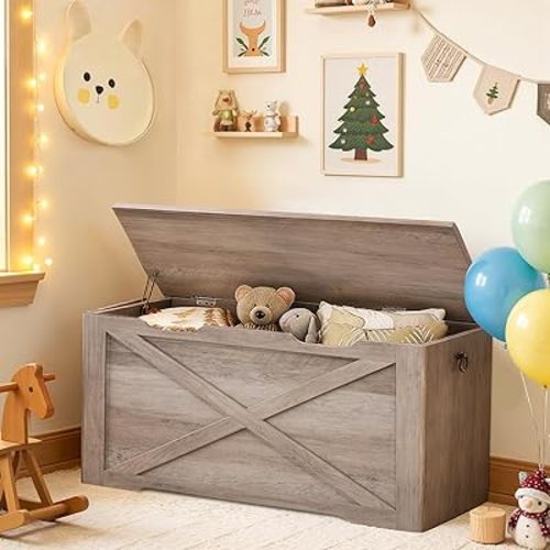 RALGEND Toy Chest, 39.3" Farmhouse Storage Chest with Metal Hinge and Pull Handles, Wooden Storage Bench, Toy Box for Living Room, Bedroom, Entrance, Greige