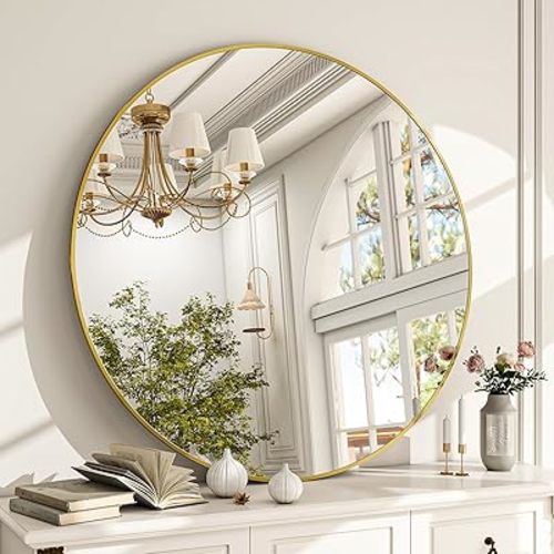 Round Mirror Wall Mounted Mirror - 30" Circle Mirror Bathroom Vanity Mirror with Aluminum Frame for Bedroom Living Room, Entryway Decor Gold Mirror